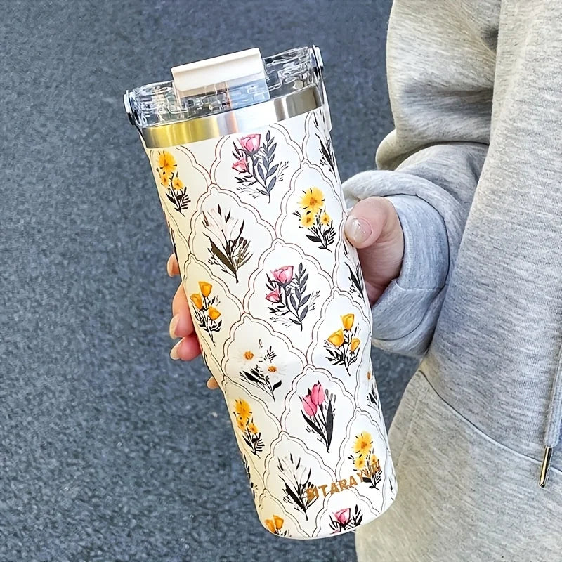 1pc Lightweight Luxury Floral Stainless Steel Thermos Flask 900ML Large Capacity Outdoor Water Bottle with Straw and Handle