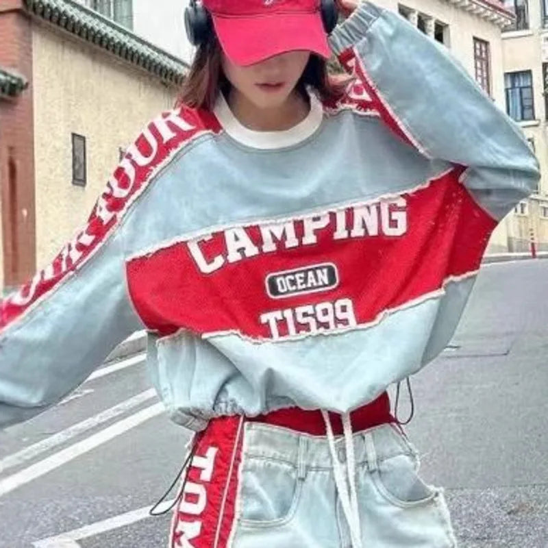 ANJY Autumn Women European Trendy Street Denim T-Shirt Personalized Letter Print Drawstring O-Neck Long Sleeve Sweatshirt A10809