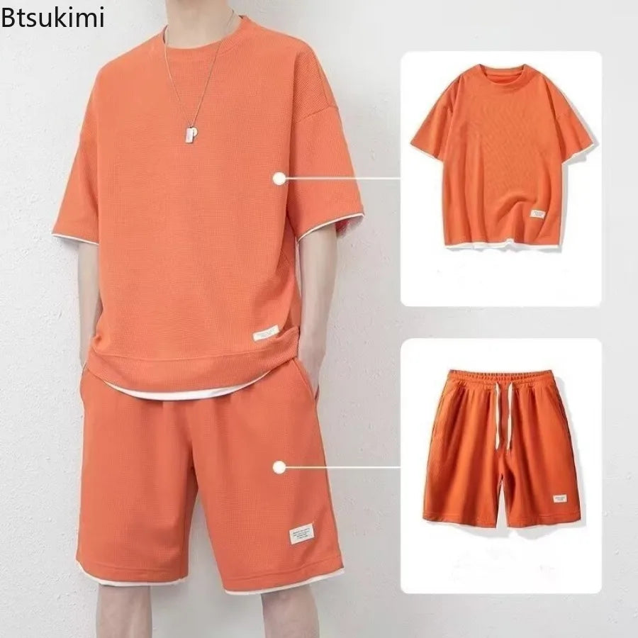 Summer Solid Waffle Tracksuits 2026 Men's Short Sleeve Shorts Casual Two Piece Sets Loose Breathable Men Clothes Joggers Outfits