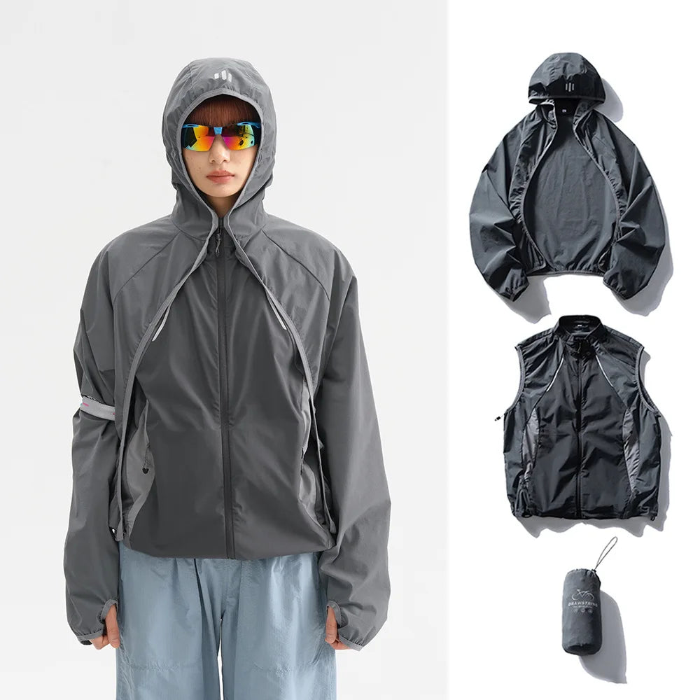 Coat + Vest Sets Varsity Jacket Men Outdoor Techwear Fashion Casual Track Hooded Sunscreen Cape Jacket Vest Women Cycling Coat