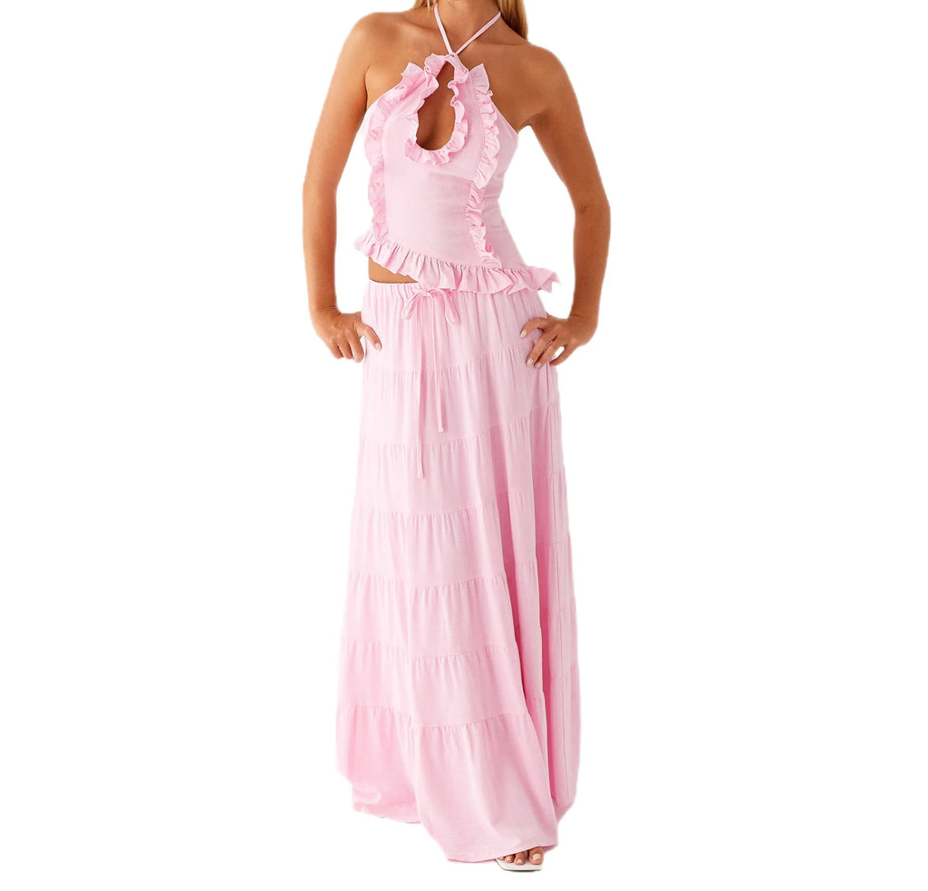 Women Summer Boho 2 Piece Maxi Skirt Sets Y2k Sexy Halter Ruched Cami Tops Tiered Flowy Ruffle Skirts Holiday Beach Outfits