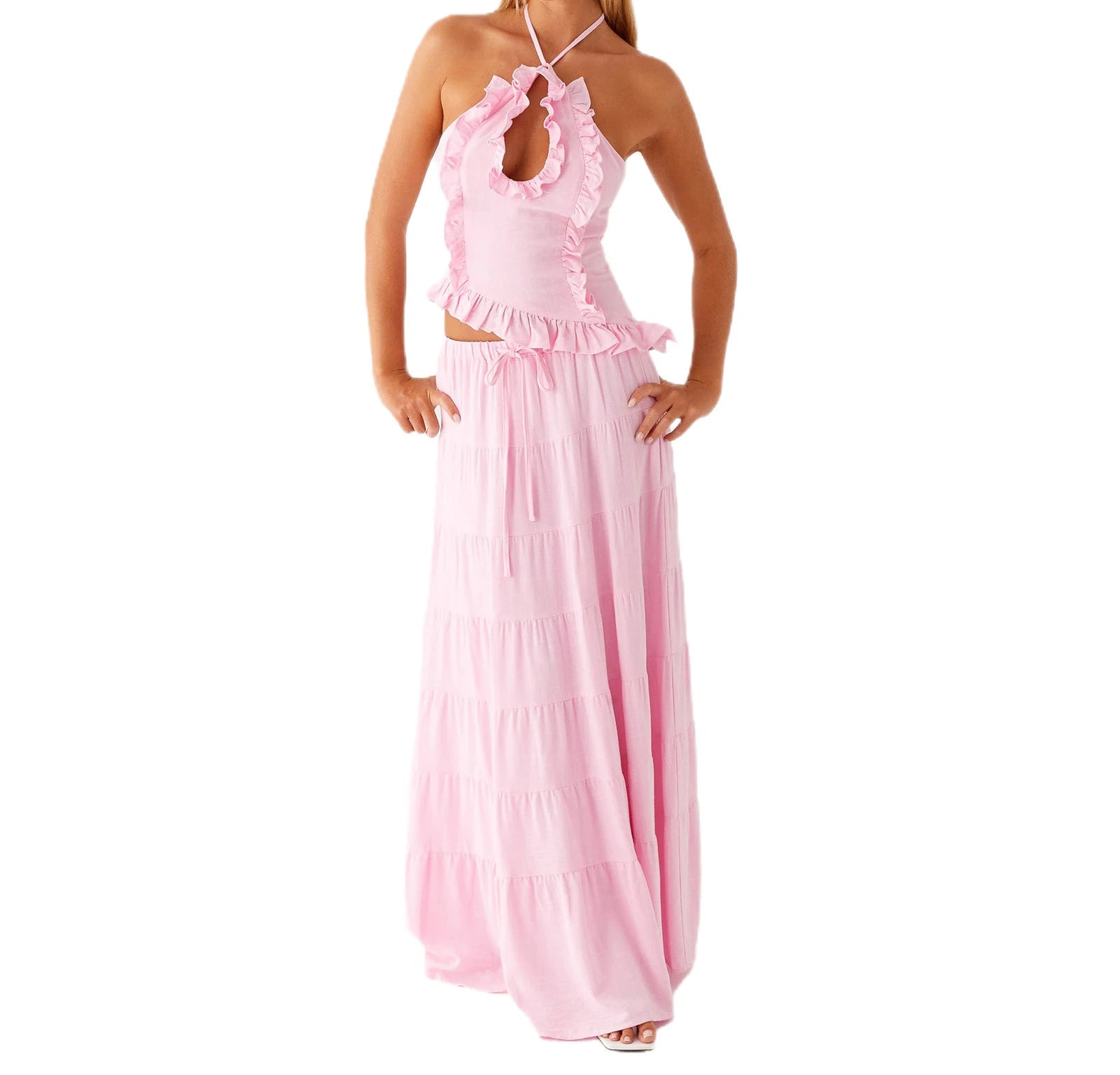 Women Summer Boho 2 Piece Maxi Skirt Sets Y2k Sexy Halter Ruched Cami Tops Tiered Flowy Ruffle Skirts Holiday Beach Outfits