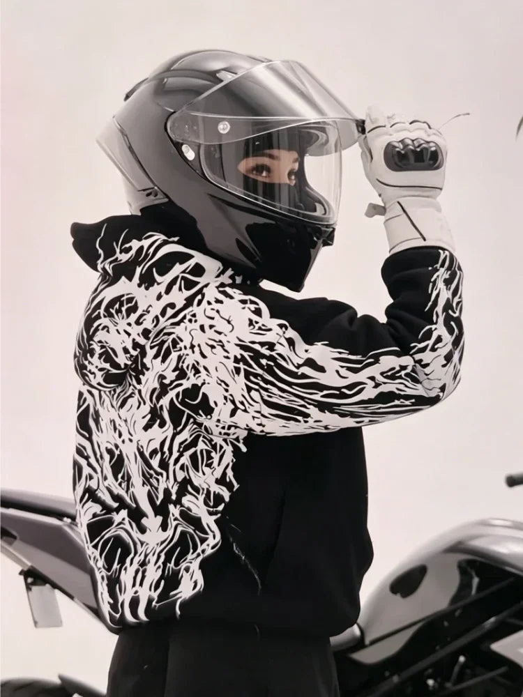 Men Street Reflective Hoodie Y2k Style Gothic Long‑sleeve Pullover Hooded Sweatshirt Loose‑fit Motorcycle Rider Night Outing New