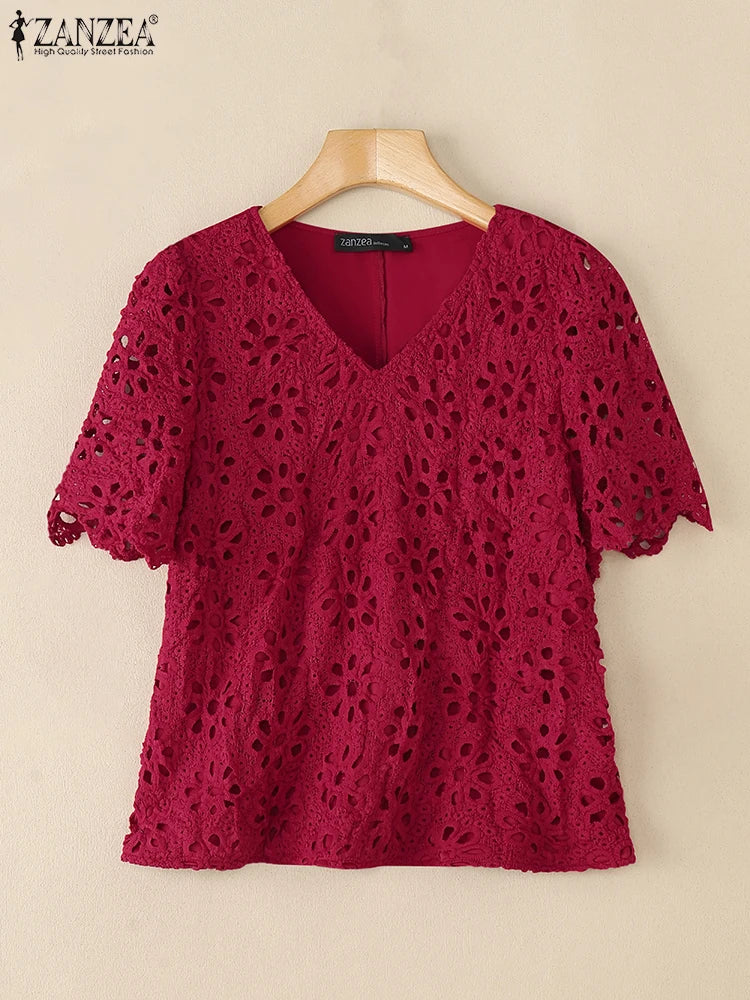 ZANZEA Summer Fashion Embroidered Openwork Blouses Women Casual V-Neck Short Sleeve Hollow Out Lace Blusas Mujer Solid Chemises