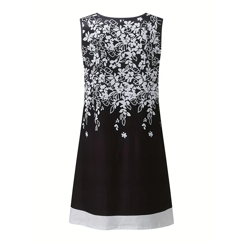 Woman Clothes Dresses Printed Sleeveless Knee-high U-neck Casual Soft and Comfortable Loose Floral Fake Two Pieces Female Dress