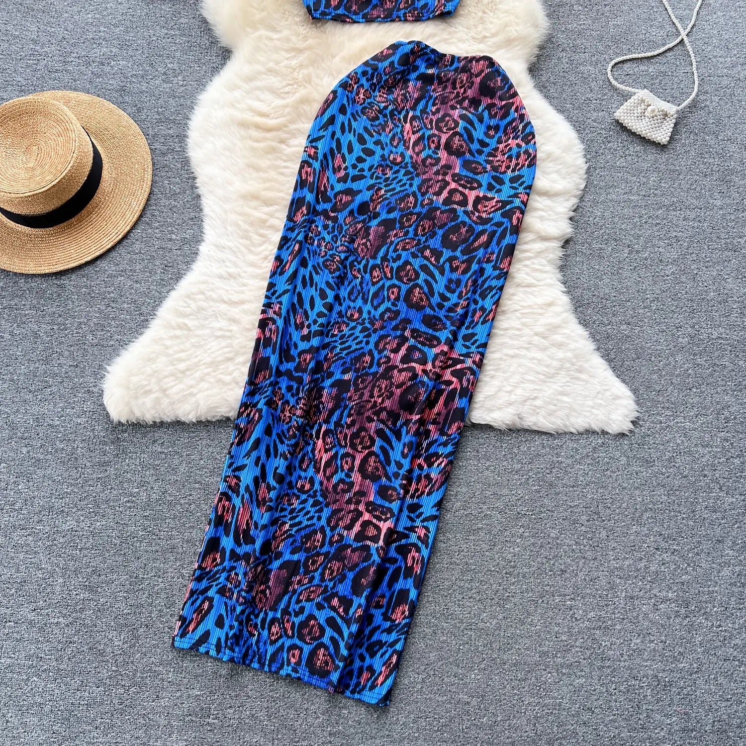 Retro Style Printed 2 Pieces Set for Women Fashion Summer Sleeveless Cropped Camis Top + Elastic Waist Bodycon Long Skirt Suits