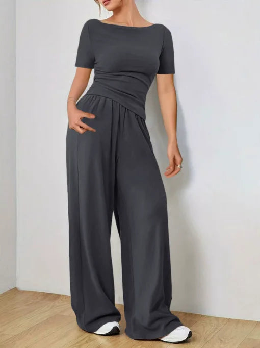 Trendy Slim Solid Color Trousers Suit For Women Simple Slim Irregular T-shirt Wide-leg Trousers Two-piece Casual Spring Suit