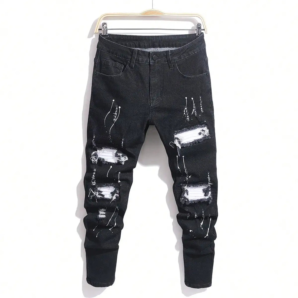Men's Ripped Denim Jeans for Man High Stretch Skinny Biker Pants Casual Slim Fit Trousers with Patchwork Embroidery Streetwear