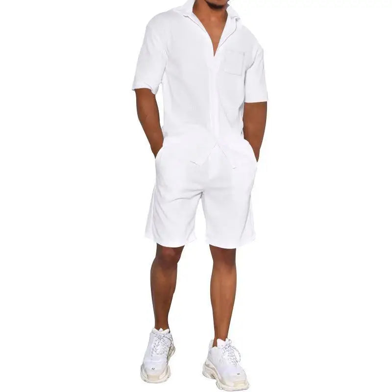2026 Men's Summer Solid Casual Sets Comfy Cotton Linen Short Sleeve Lapel Shirt and Shorts Two Piece Sets Men Loose Sport Outfit