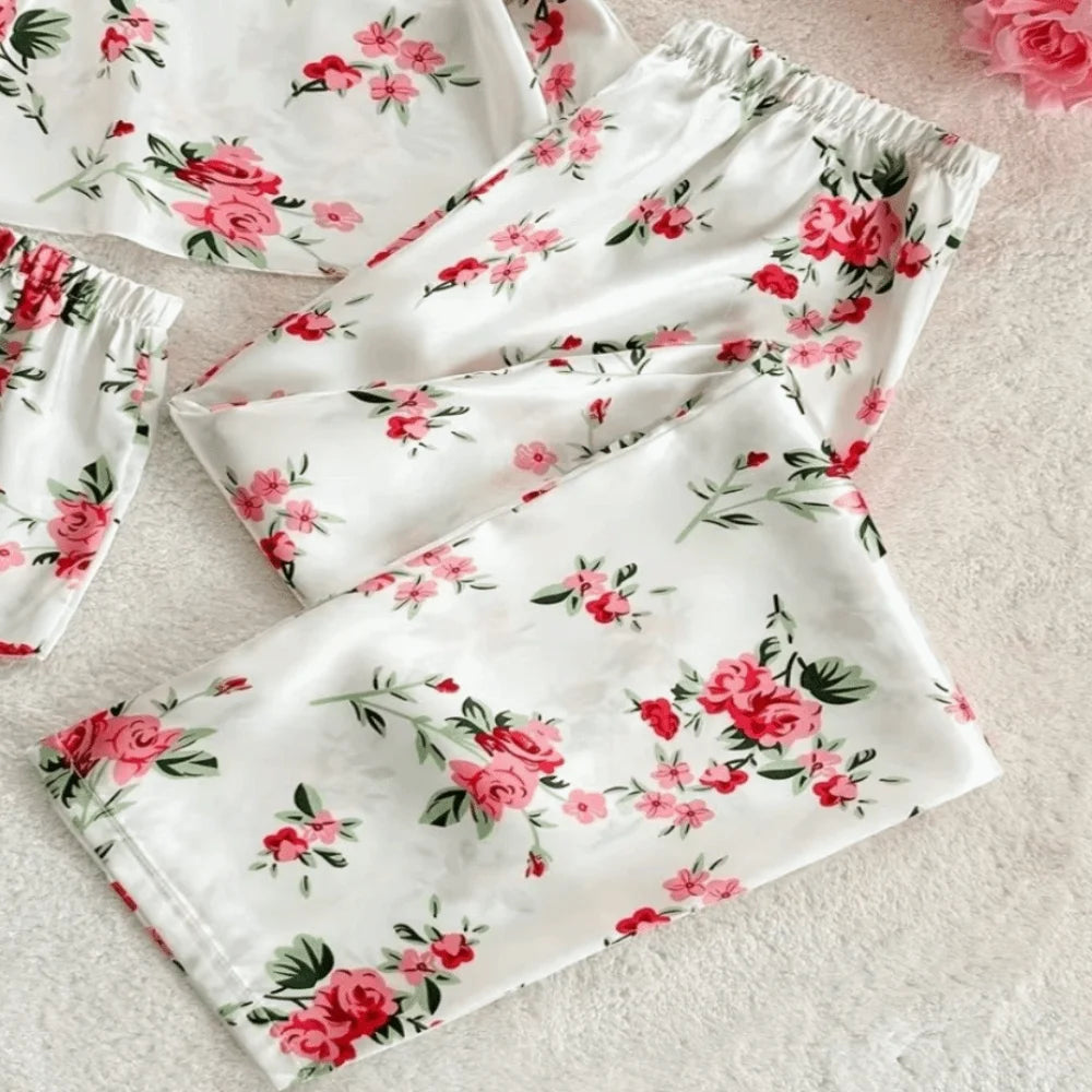 Satin Ice Silk Women's Printed Pajamas Set Lace-Trimmed V-Neck Shorts And Long Pants Ice Silk Suspender Sleepwear Sleeveless