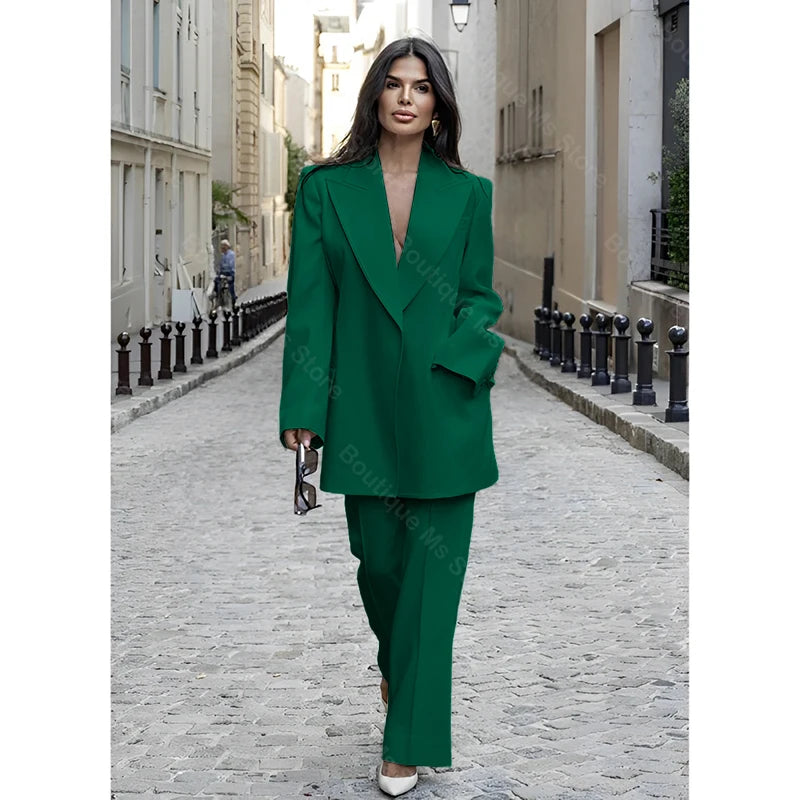 Chic Loose White Single Breasted Women Pants Set New Female Two Pieces(Blazer+Trousers) conjuntos femininos elegantes