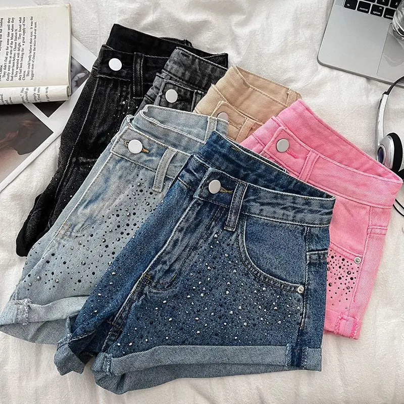 Retro Fashion Rhinestone Denim Shorts Women Pink Summer New A-Line Wide Leg Jeans Ultra Short For Hot Girls Bottoms