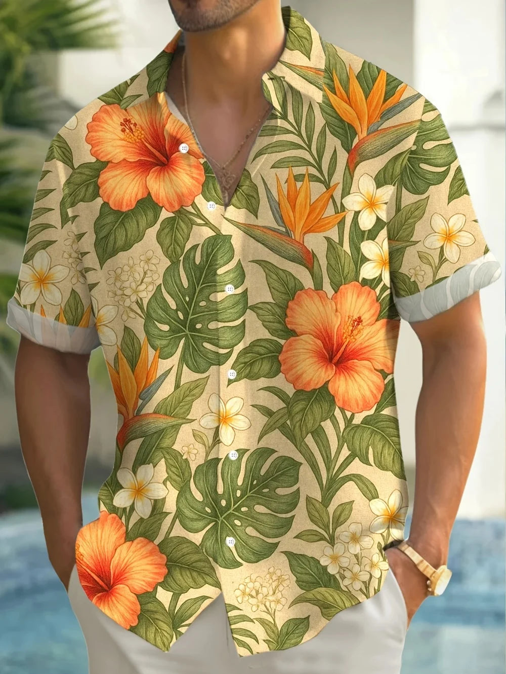 Men's Summer Hawaiian Tropical Leisure Flower Art Digital Printing Men's Single Breasted Short Sleeved Shirt Clothing