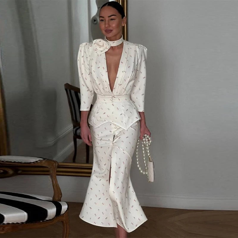 Elegant Women's Printed Waistband Stain Long Dress Slim Waist Cinched Bubble Sleeve Dresses 2026 Spring Summer Party Robes