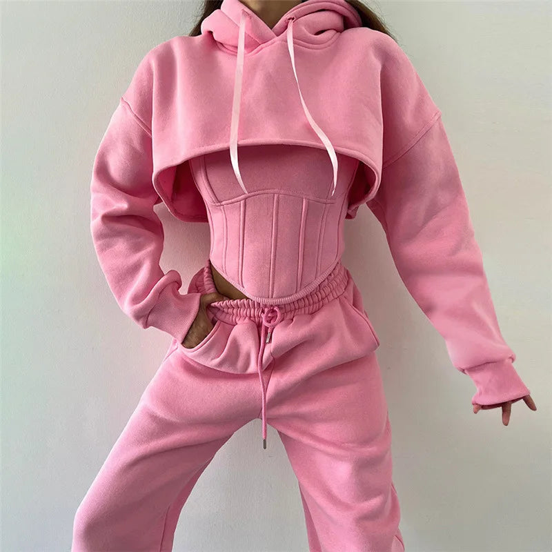 2026 Autumn and Winter New Women's Clothing Hooded Sweater Blouse Suspender Small Vest Waist Trousers Three-piece Women's