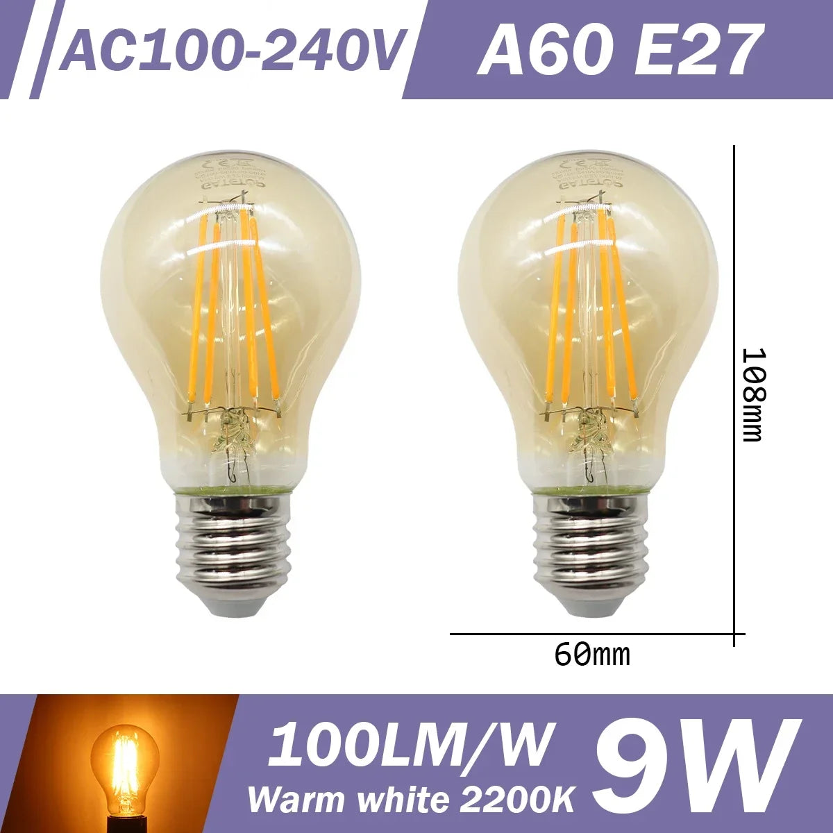 2PCS LED Filament Bulb E14 E27 C35 C35T ST64 G80 A60 220V 4W 9W Warm White Glass 360 Degree Edison Retro Candle Light Blubs