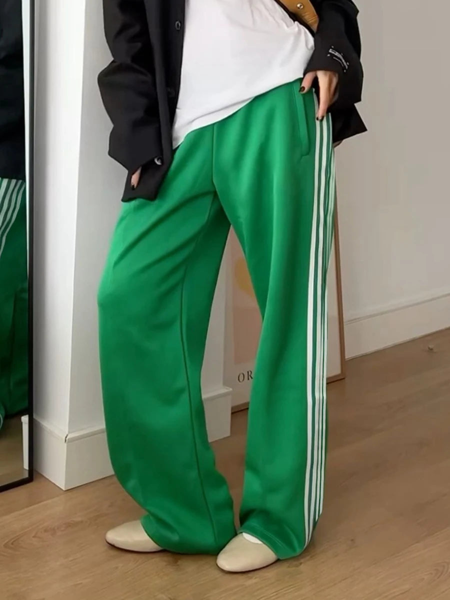 New Fashion Womens Striped Pants Loose Elastic Waist Drawstring Straight Leg Casual Sweatpants With Pockets Streetwear S M L