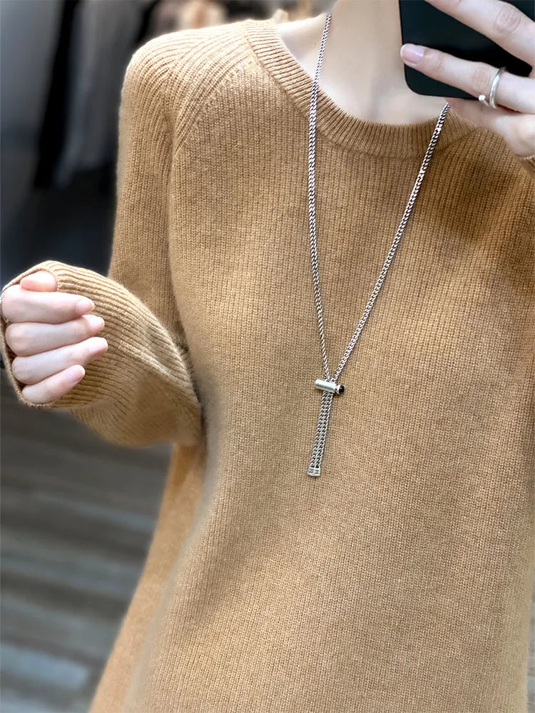 Knit Dresses for Women's Fashion Sweater 100% Merino Wool Winter Ladies O-Neck Warm Knitted Dress Fall Female Casual Black Skirt