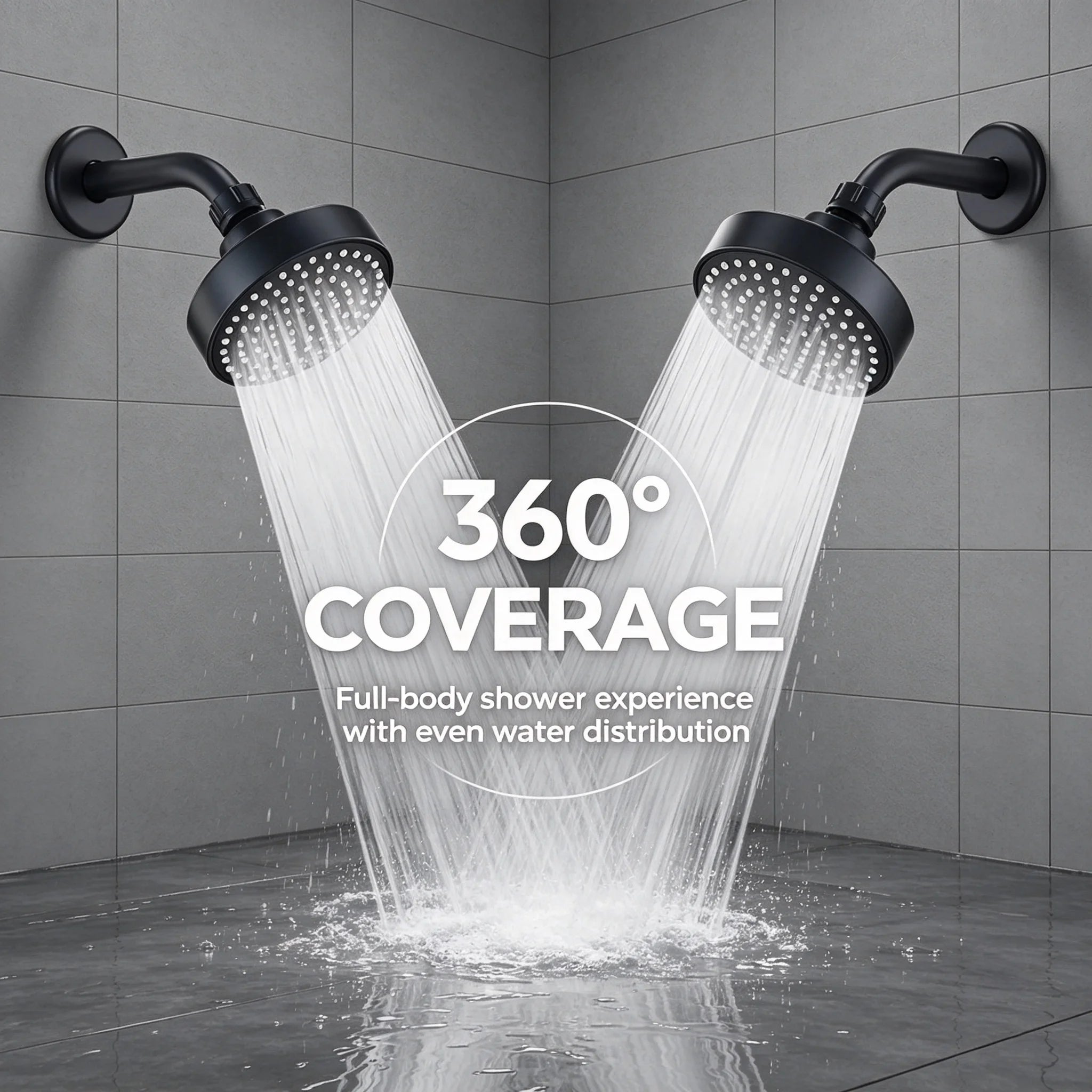 Modern Matte Black High Pressure Rainfall Shower Head with Wall Arm Large Round Fixed Overhead Spray Soft Silicone Jets