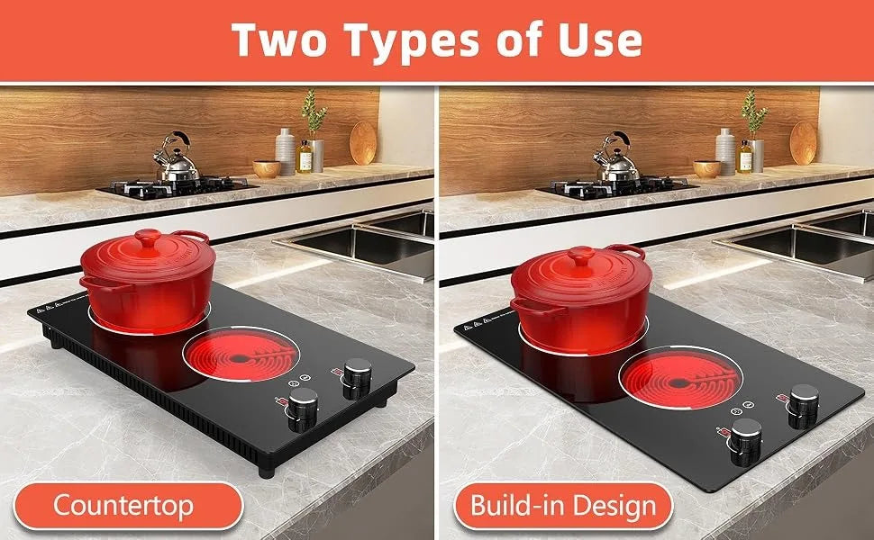 Electric Cooktop 2 Burners Knob Control Countertop Built-in Ceramic Cooktop
