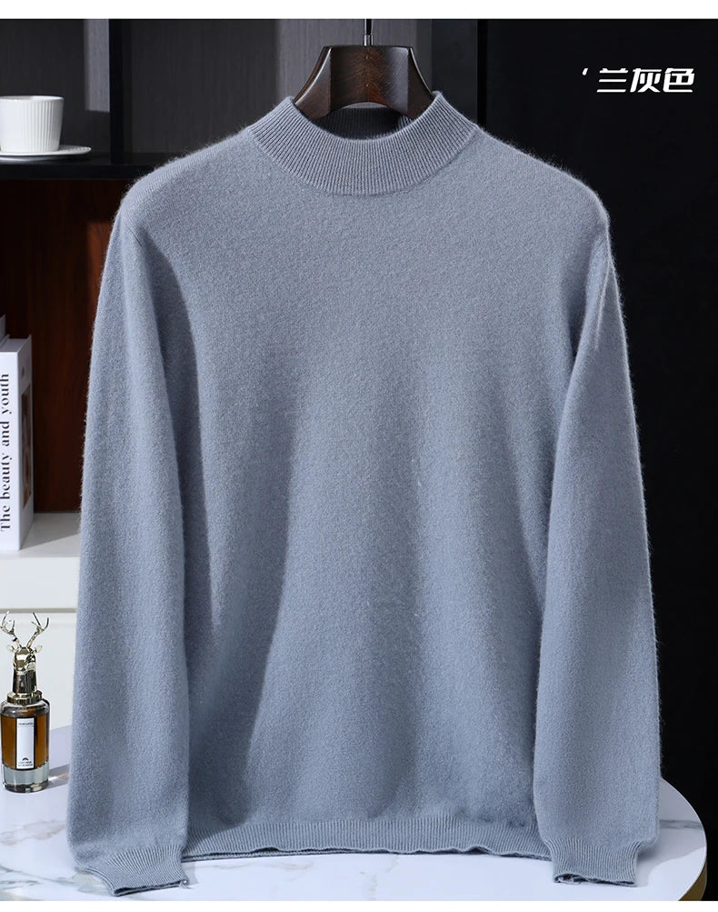 Autumn/Winter Men's 100% Pure Cashmere Pullover Business Casual Solid Knitted Sweater Loose Half High Neck Tops Thick Jumper