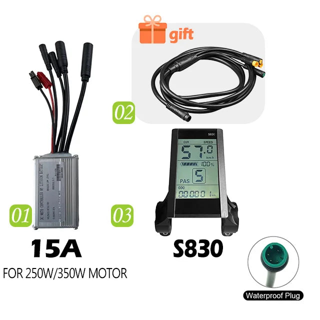 250W-750W Brushless For Electric Bike Controller LCD Panel Scooter EN06 S830 S866 JN Controller 15A 25A WP Plug Square Wave GD06