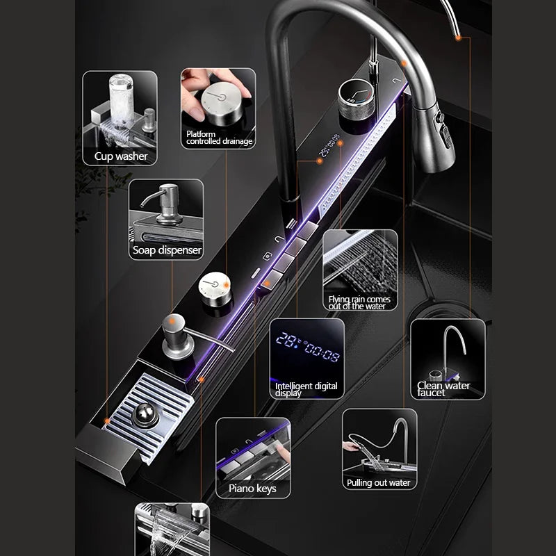 304 Sink Key Digital Display Waterfall Rain Sink Stainless Steel Large Single Trough Hand Basin Washing Dishes Under The Basin