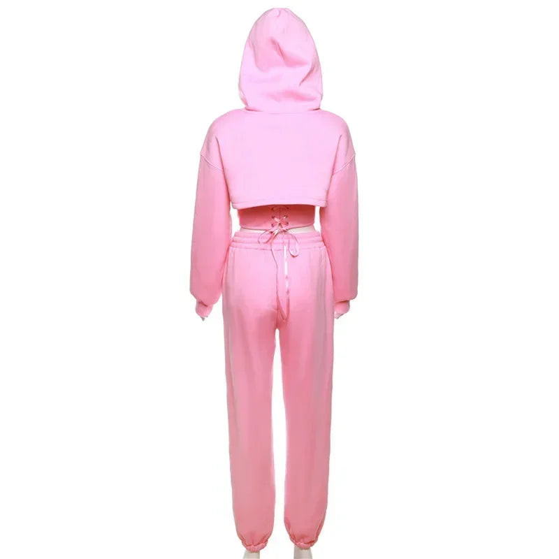 New Lace Up Pants Sets Women Slim Solid Splice Tank Tops Woman Long Sleeve Short Hoodies And Pant Suits Women Outfits Winter