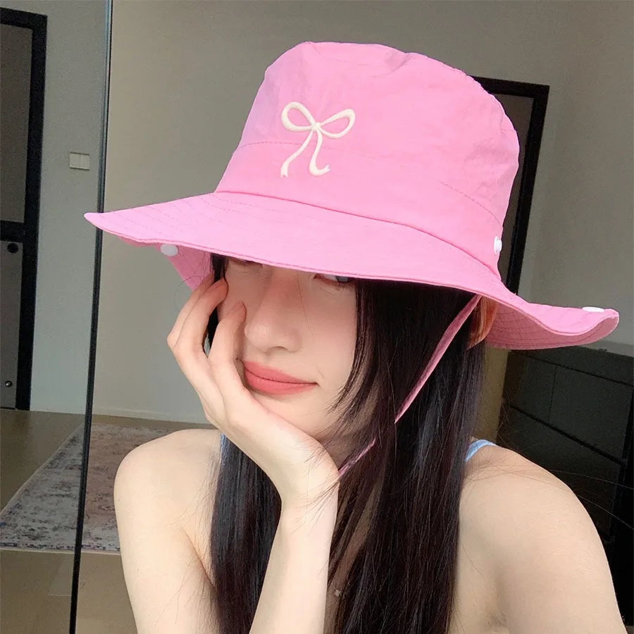 Korean Pink Bow Quick Dry Fisherman Hat Windproof Rope Women Outdoor Camping Mountaineering Hats Girl Summer Sunscreen Bowl Cap