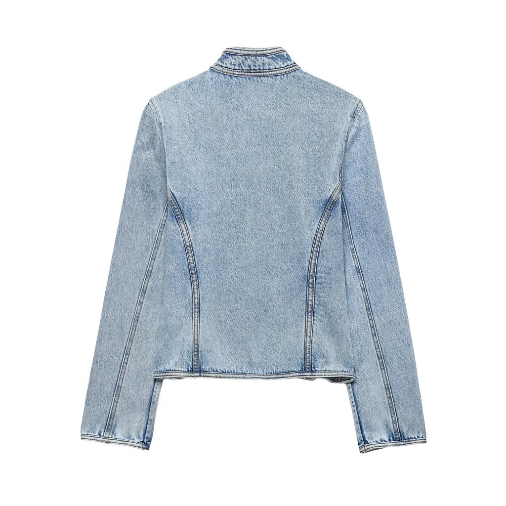 HH Y2K Military Short Denim Jacket Women's Light Washed Stand Collar Slim Denim Jacket Sexy Spring and Autumn Street Tops