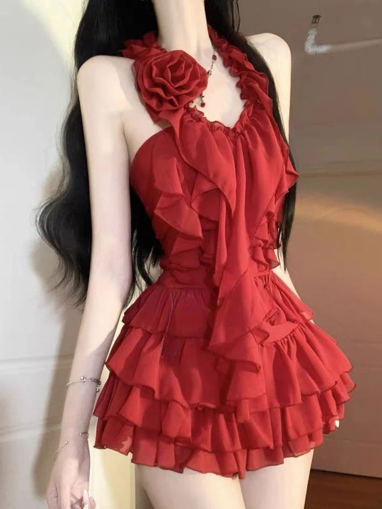 Sexy Ruffled Slim Fit Halter Women's Tops Mini Skirt 2 Piece Set Hot Girl Style Design Fashion Chic Party Evening Party New