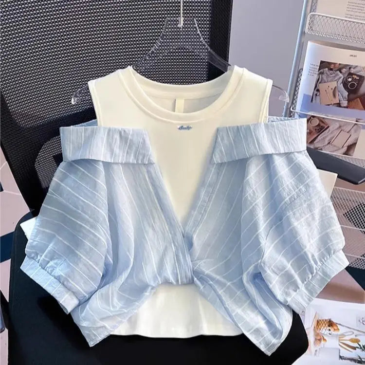 Girls' Western Style Loose Fitting Shirt 2026 New Children's Off Shoulder Top T-Shirt Fake Two-Piece Top