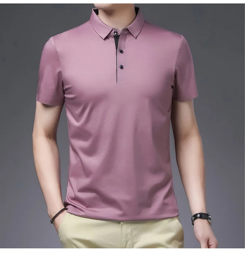 Bamboo Fiber Viscose And Cotton Blend Polo Shirt Men Short Sleeve Collar New Seamless T-shirt Summer Thin Lightweight Poloshirt