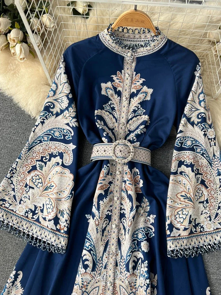 Spring Autumn Vintage Print Long Robe Women Round Neck Flare Sleeve Elegant Dresses Single Breasted Irregular Pleated Maxi Dress