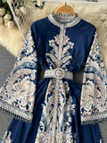Spring Autumn Vintage Print Long Robe Women Round Neck Flare Sleeve Elegant Dresses Single Breasted Irregular Pleated Maxi Dress