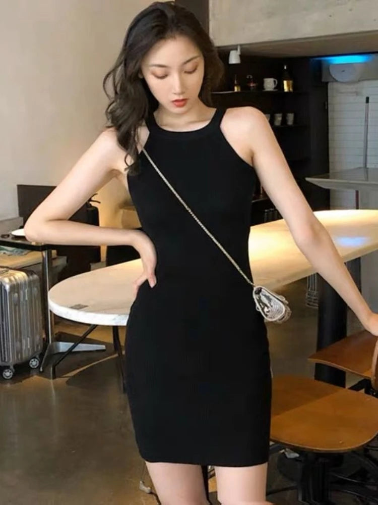 Summer New Style Hong Kong Flavor Slimming Sexy Girl Neck Hanging Bodycon Dress Shoulder Exposure Knitted Strap Dress Women