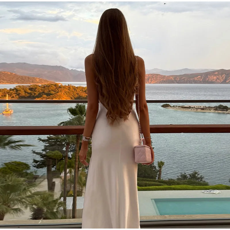 Backless Satin Long Sling Dress Women V Neck Sleeveless Slit Solid Sexy Party Dresses 2026 Summer Lady Vacation Evening Robes