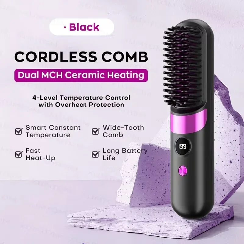 Portable Mini 2-in-1 Hair Straightener and Curler, Wireless USB Rechargeable, For Home & Travel Use, With LCD Display