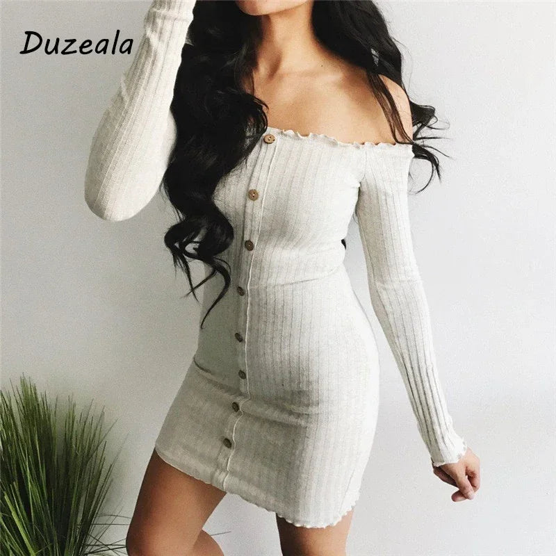 Customizable Trendy Women Long Sleeve Solid Button Off Shoulder Slash Neck Evening Casual Party cotton Bodycon Mini Dresses