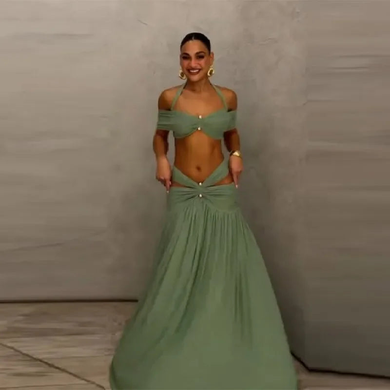 Elegant Sequin Floral Two Piece Set For Woman One Shoulder Crop Top + High Waist Cutout Mini Skirt Vacation Party Co-ord Set