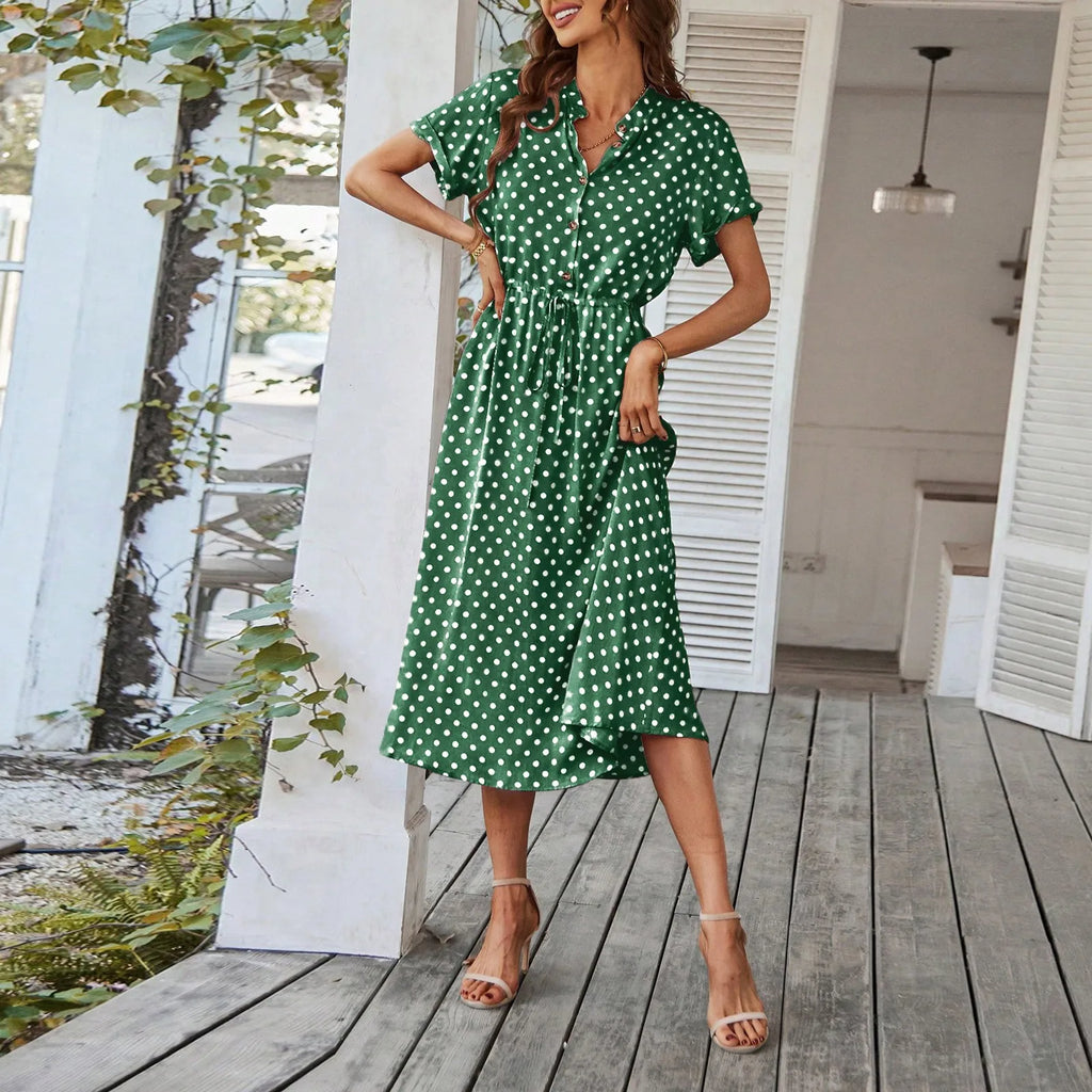 Elegant retro polka dot dress Women's Summer Midi Dress V Neck Single Breasted Short Sleeve Dresses Fashion Print Dress