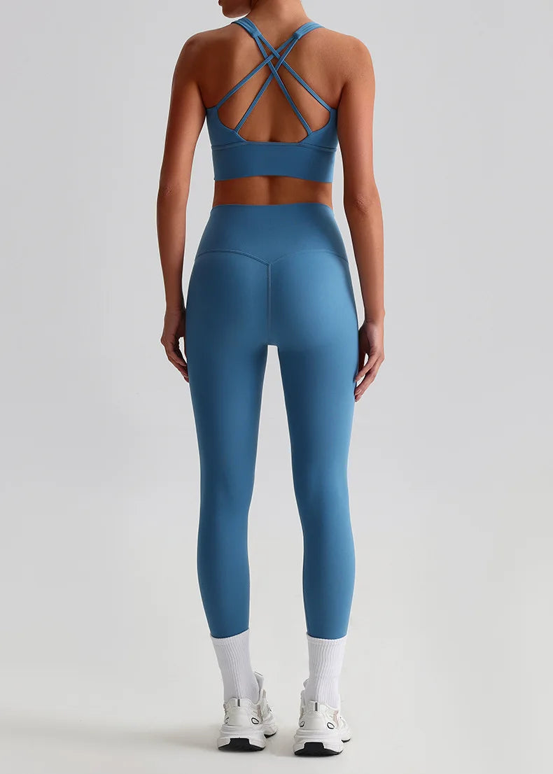 Naked Feel Yoga Set Women Fitness Sportswear 2 Piece Strappy Sports Bra High Waist Gym Leggings Workout Outfit Active Wear