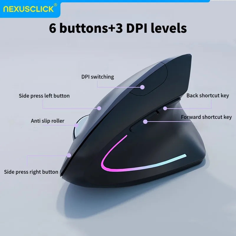 NexusClick Dual Mode Ergonomic Vertical Mouse,Rechargeable/AA Battery Powered,Adjustable DPI Mute Buttons RGB Mouse for Computer