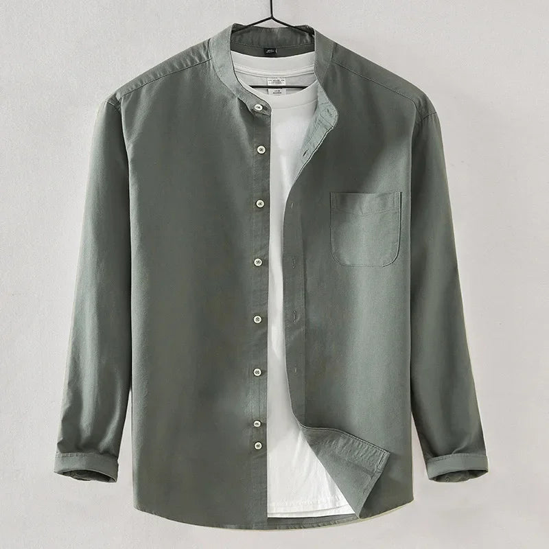2027 Cotton Stand-up Neck Oxford Spinning Anti-wrinkle Casual  Spring  Autumn New Men's Shirt Jackets  Long Sleeve Shirt Men's