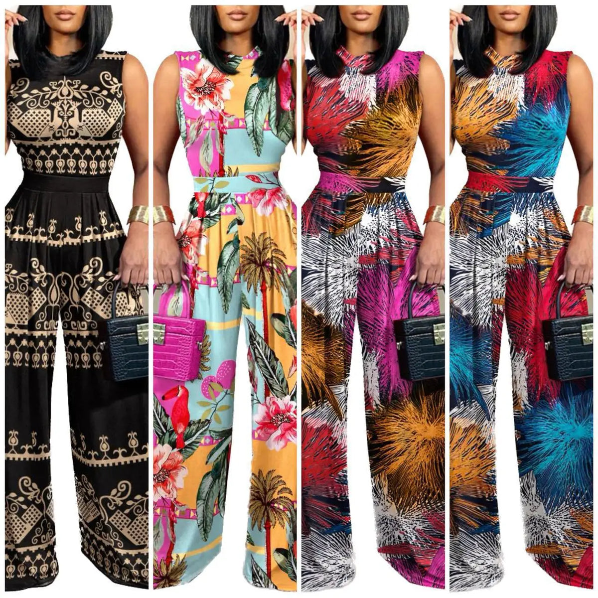 New 2023 Summer Casual Slim Fit  Pants Sleeveless Long Pants Women's High Waist Wide Leg Jumpsuit Comfortable Print