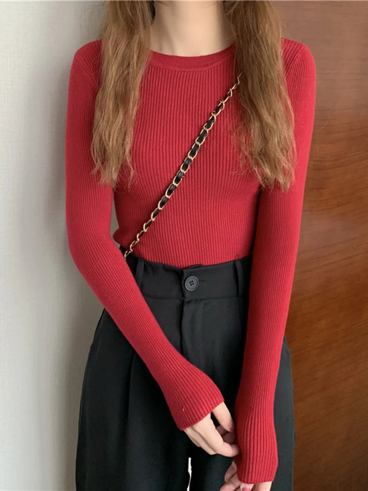 2026 Basic Tops Women Sweater Autumn Winter Long Sleeve Pullover Fashion O-neck Elastic Female Winter Solid Knitted Jumper