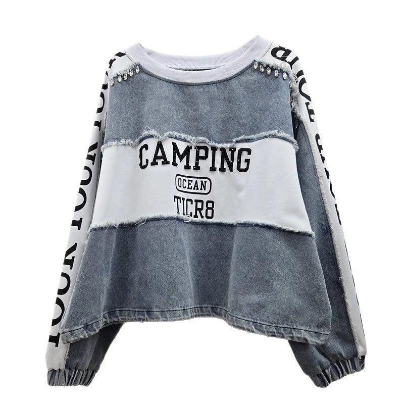 WTHT New Trendy Women's Heavy Industry Diamonds Patchwork Letter Print Sweatshirt 2025 Autumn O-neck Pullovers Female 1LS2533
