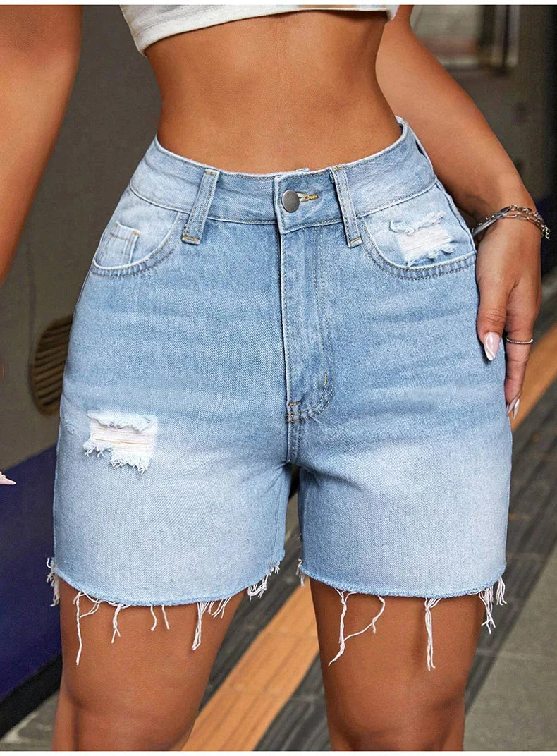 2026 Summer Women's High Stretch Denim Shorts Holes High Waist Tassel Jeans with Pockets Female Streetwear Knee-length Pants
