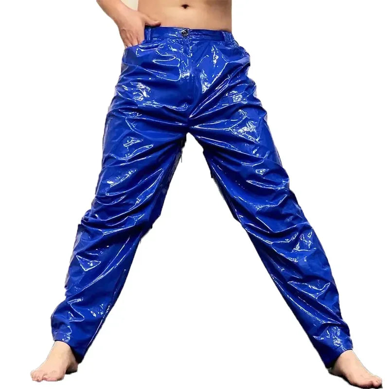 Men Mid Waist Shiny Faux Latex Leather Loose Hiphop Pants With Pocket Male Solid Color Stretch PVC Trousers Clubwear New Custom