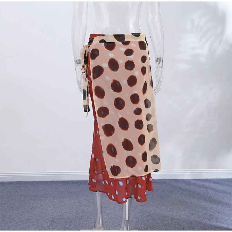 High Waist Wrap Tie Midi Skirt Color Block Abstract Floral Patchwork Print Flowy Satin Skirts 2026 Summer Holiday Boho Chic Wear